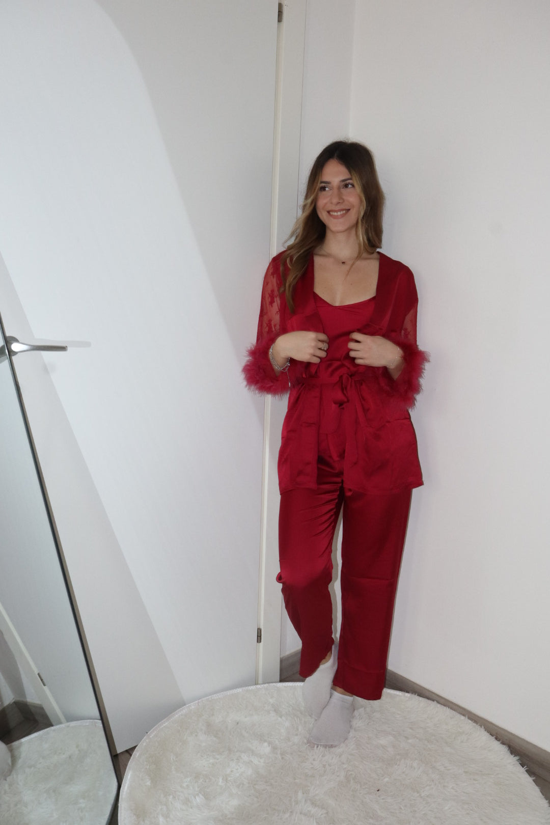 pigiama effetto seta con pizzo e piume 3pz (vari colori)