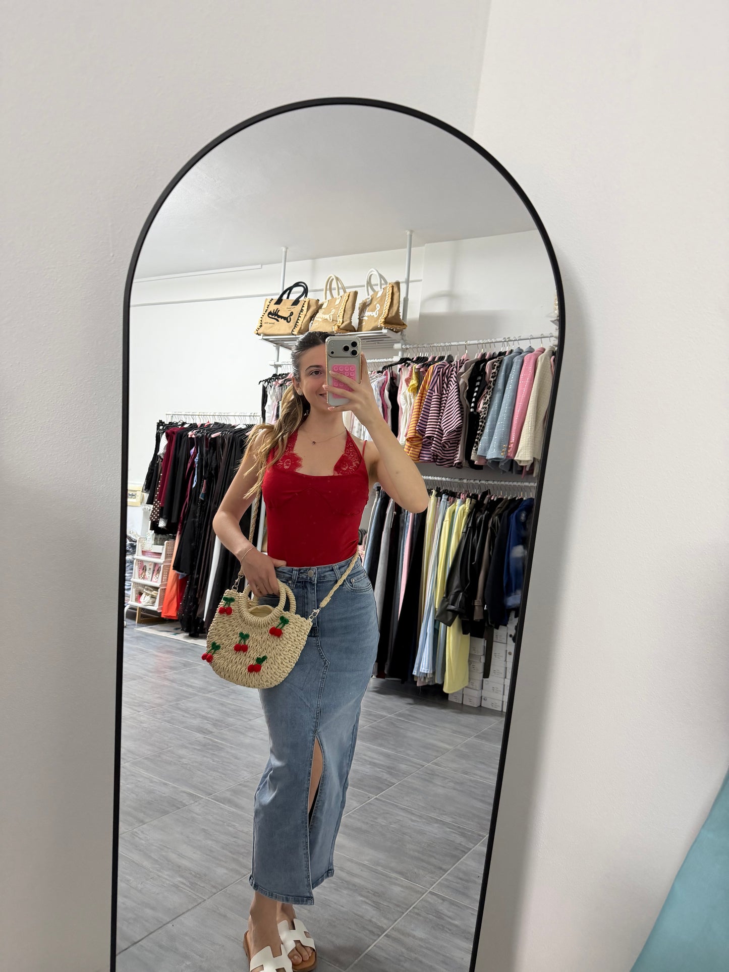 Gonna longuette denim con spacco centrale