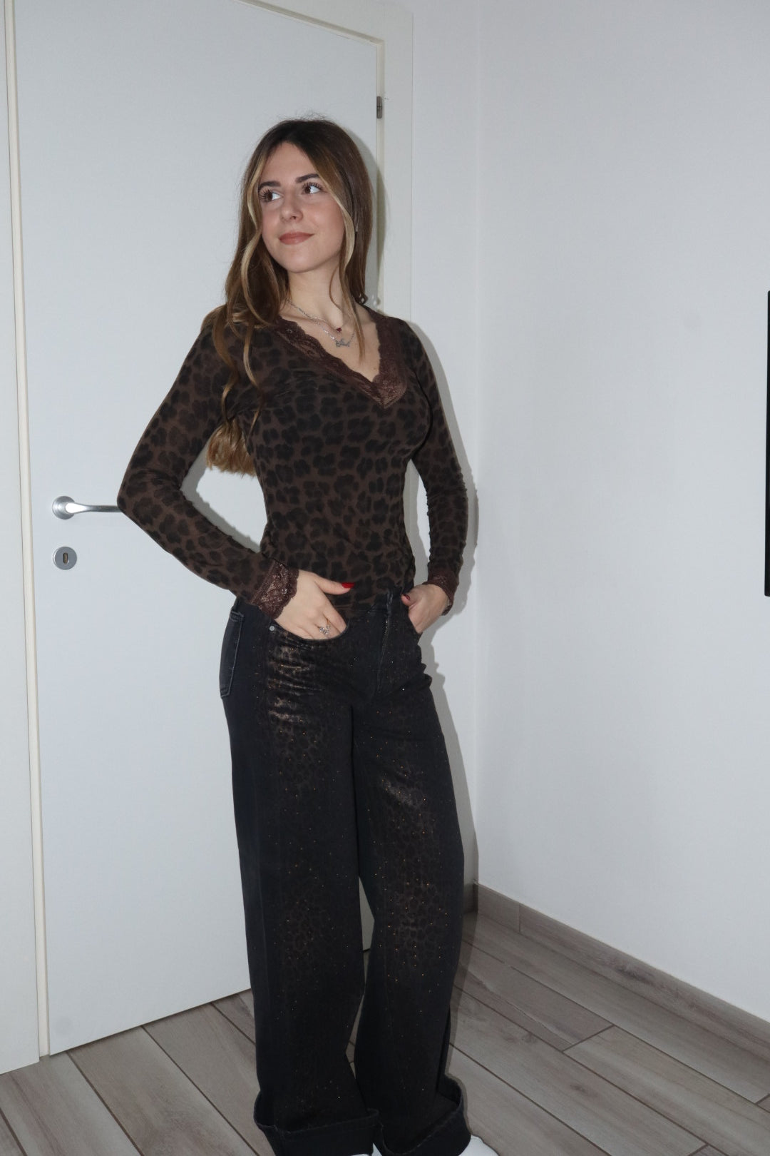 Jeans wide leg leopardato glitter (veste una tg.piu grande)