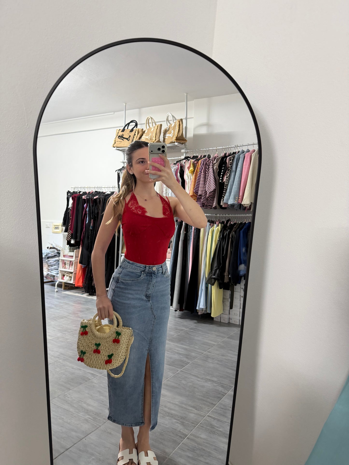 Gonna longuette denim con spacco centrale