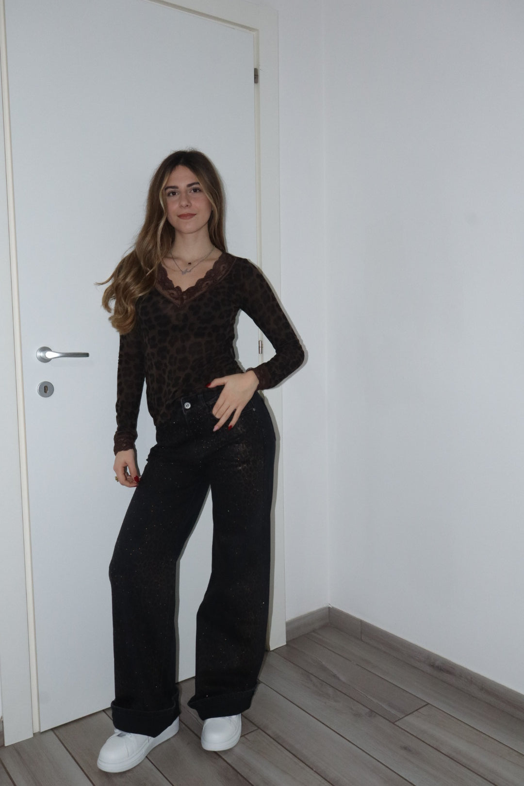 Jeans wide leg leopardato glitter (veste una tg.piu grande)