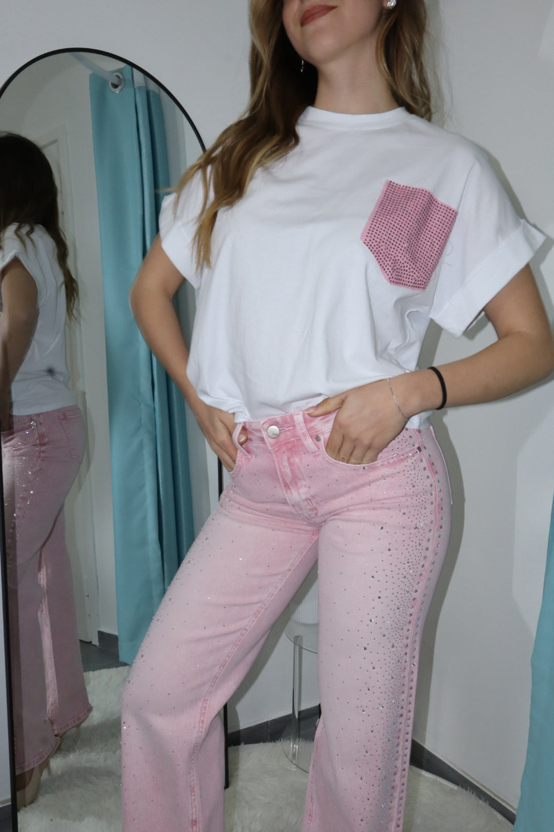 T-shirt con tasca brillantinata (vari colori)