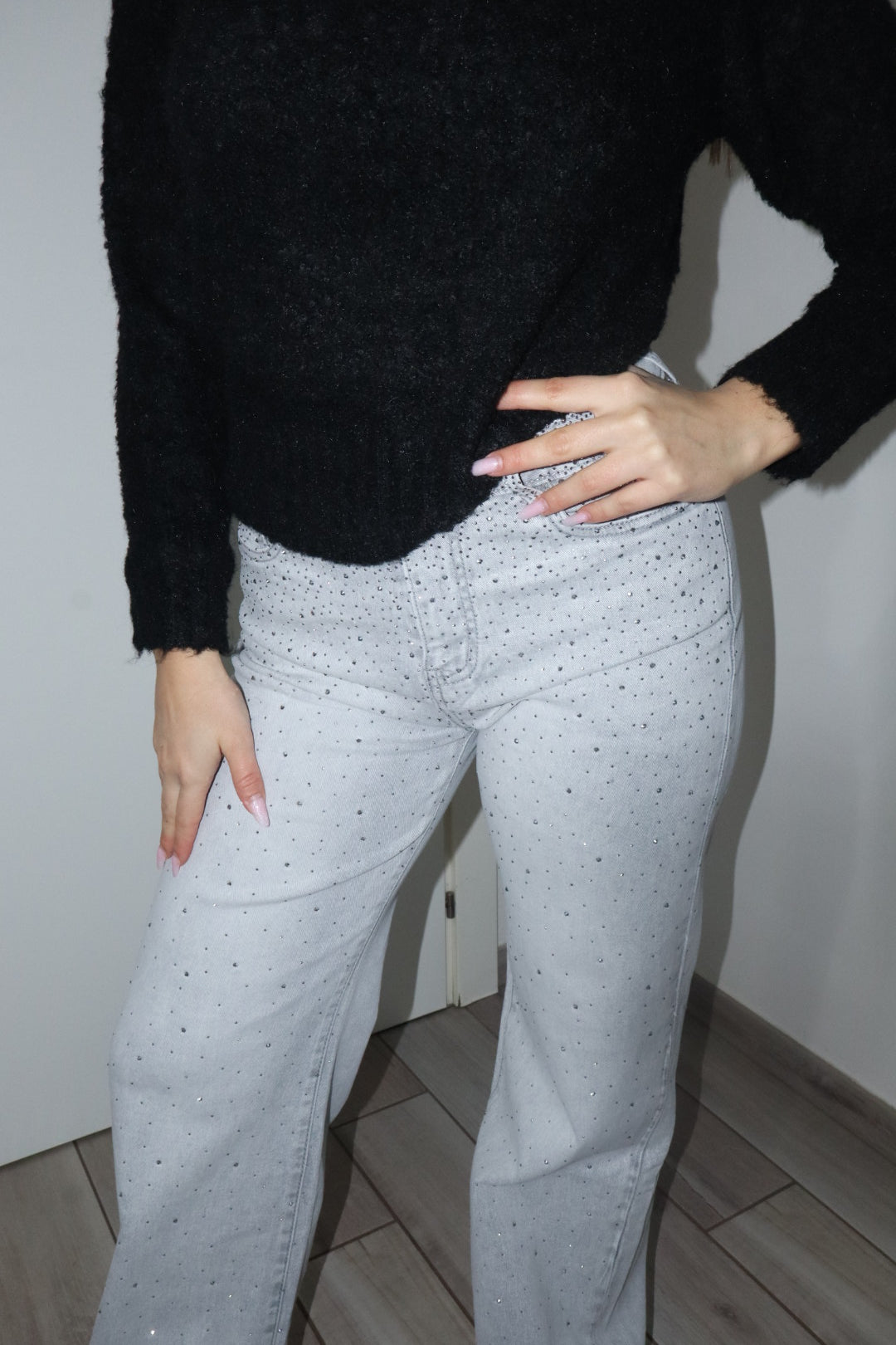 Jeans wide grigio brillantinato