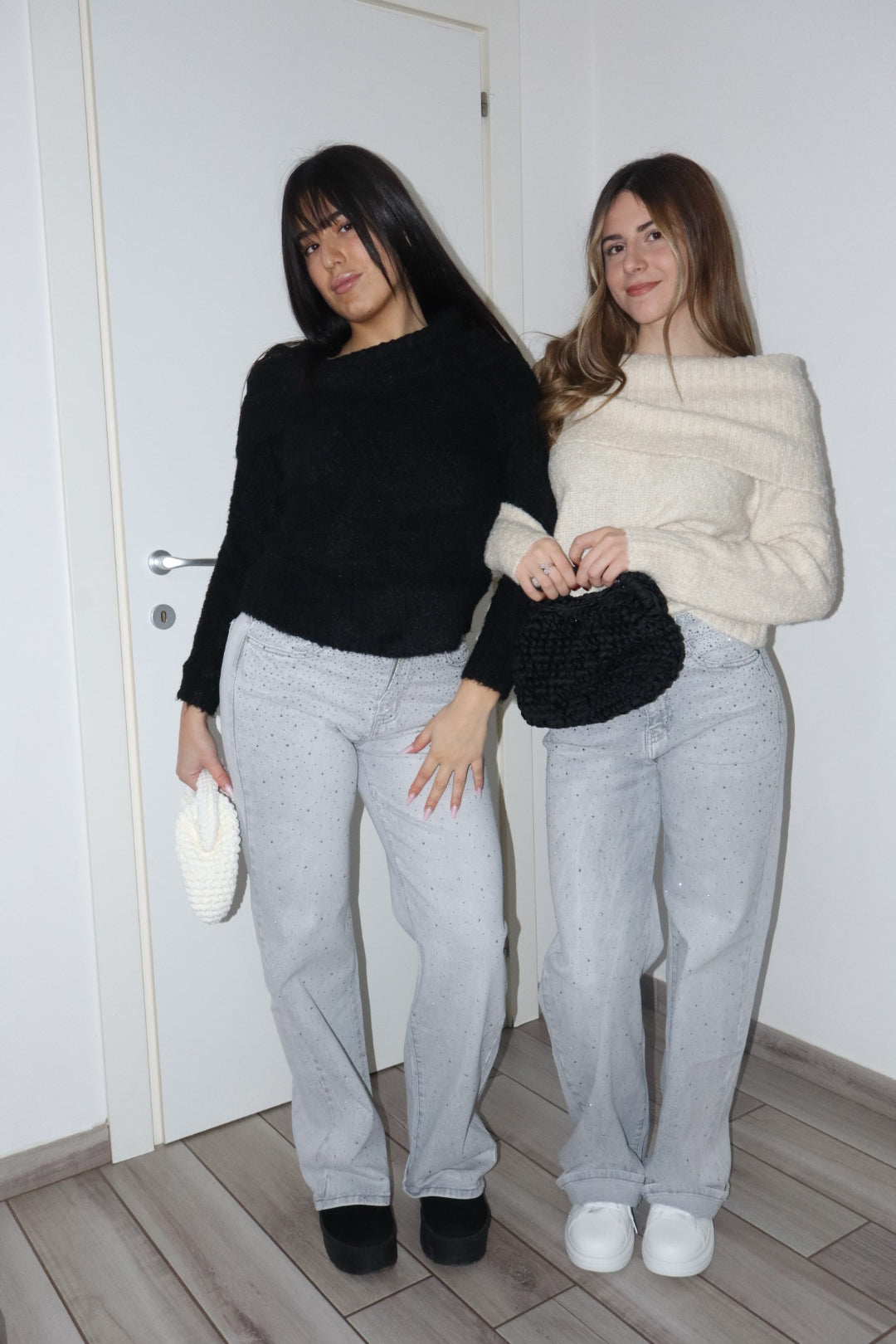 Jeans wide grigio brillantinato