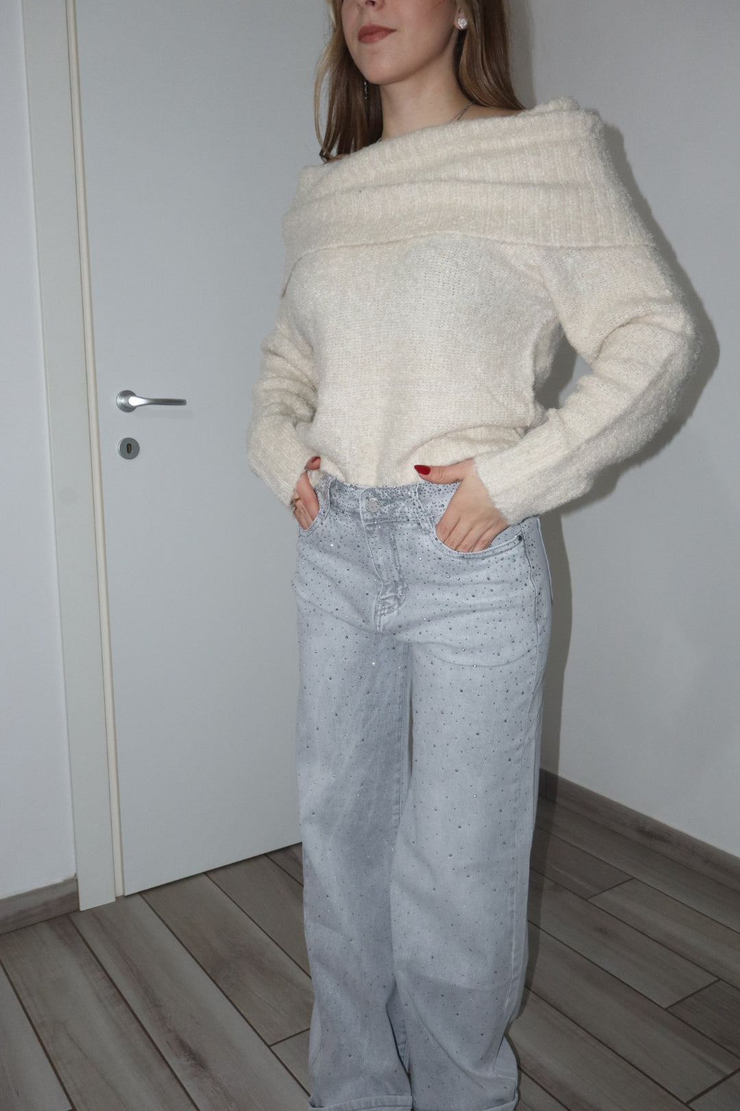 Jeans wide grigio brillantinato
