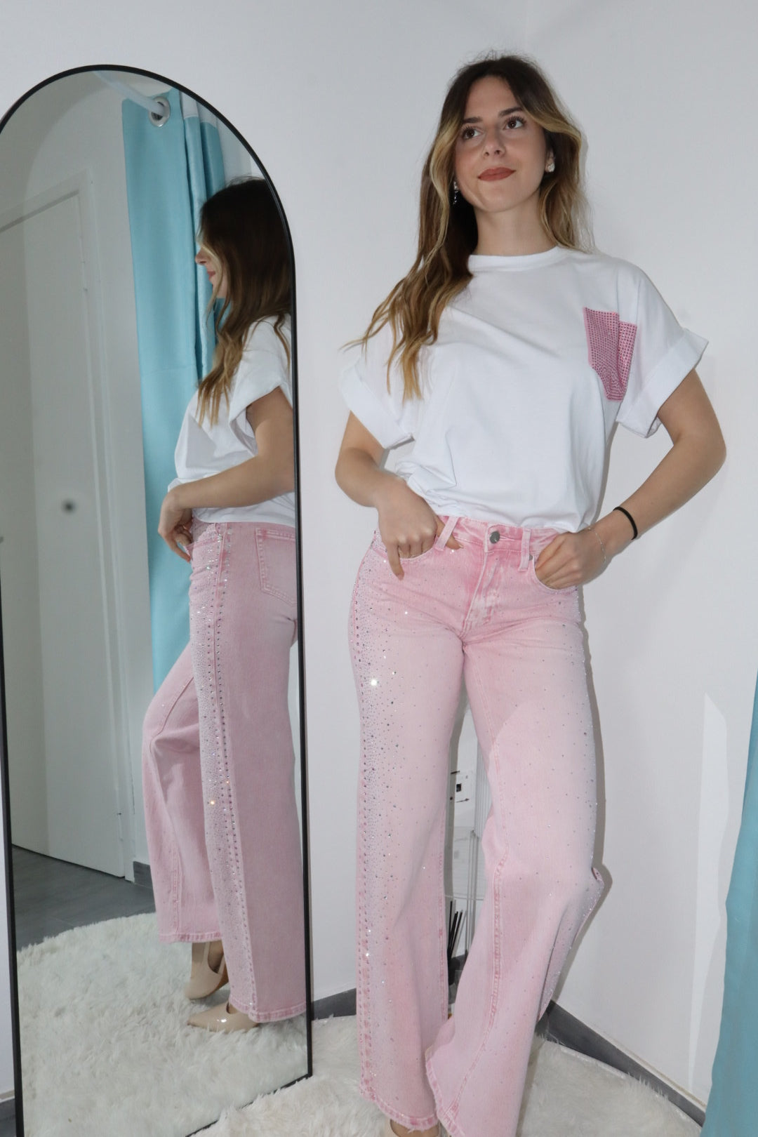 T-shirt con tasca brillantinata (vari colori)