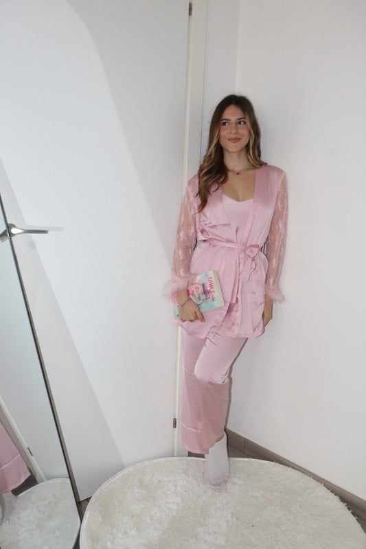 pigiama effetto seta con pizzo e piume 3pz (vari colori)