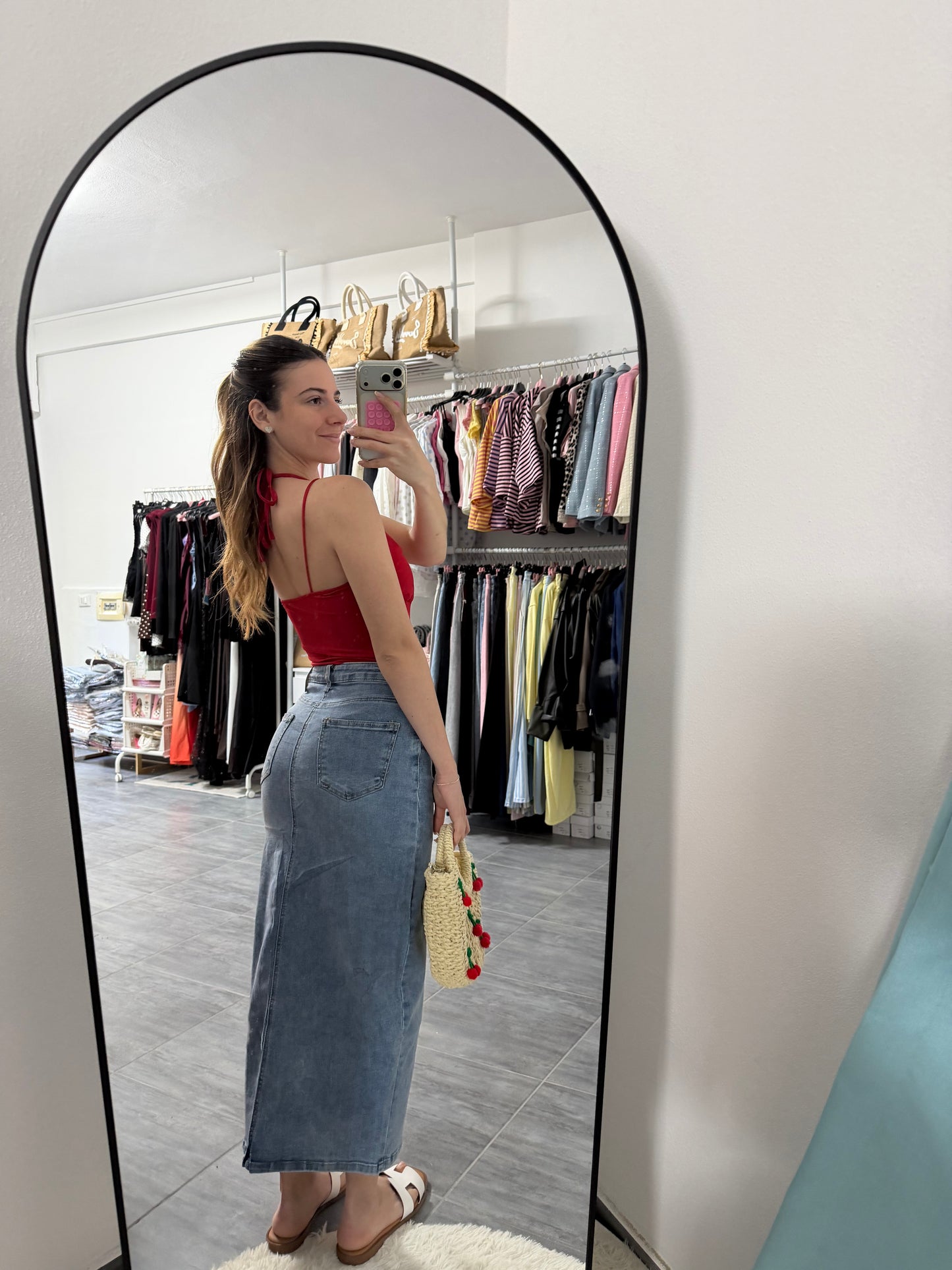 Gonna longuette denim con spacco centrale