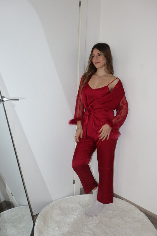 pigiama effetto seta con pizzo e piume 3pz (vari colori)