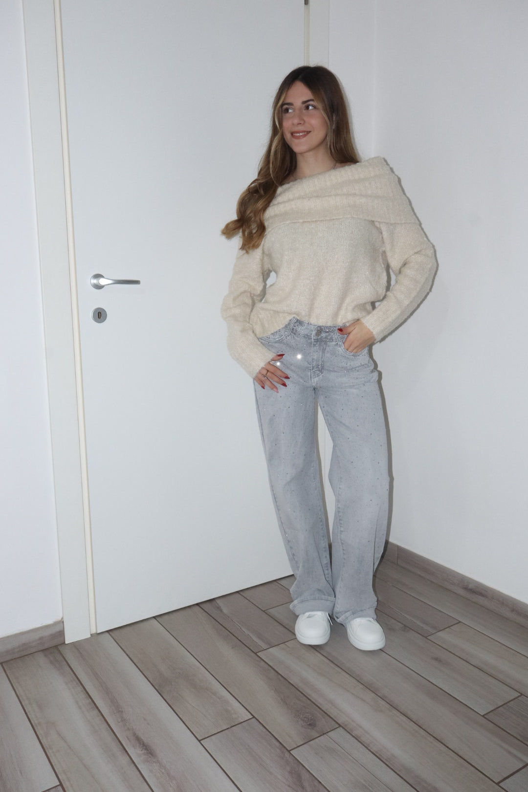 Jeans wide grigio brillantinato