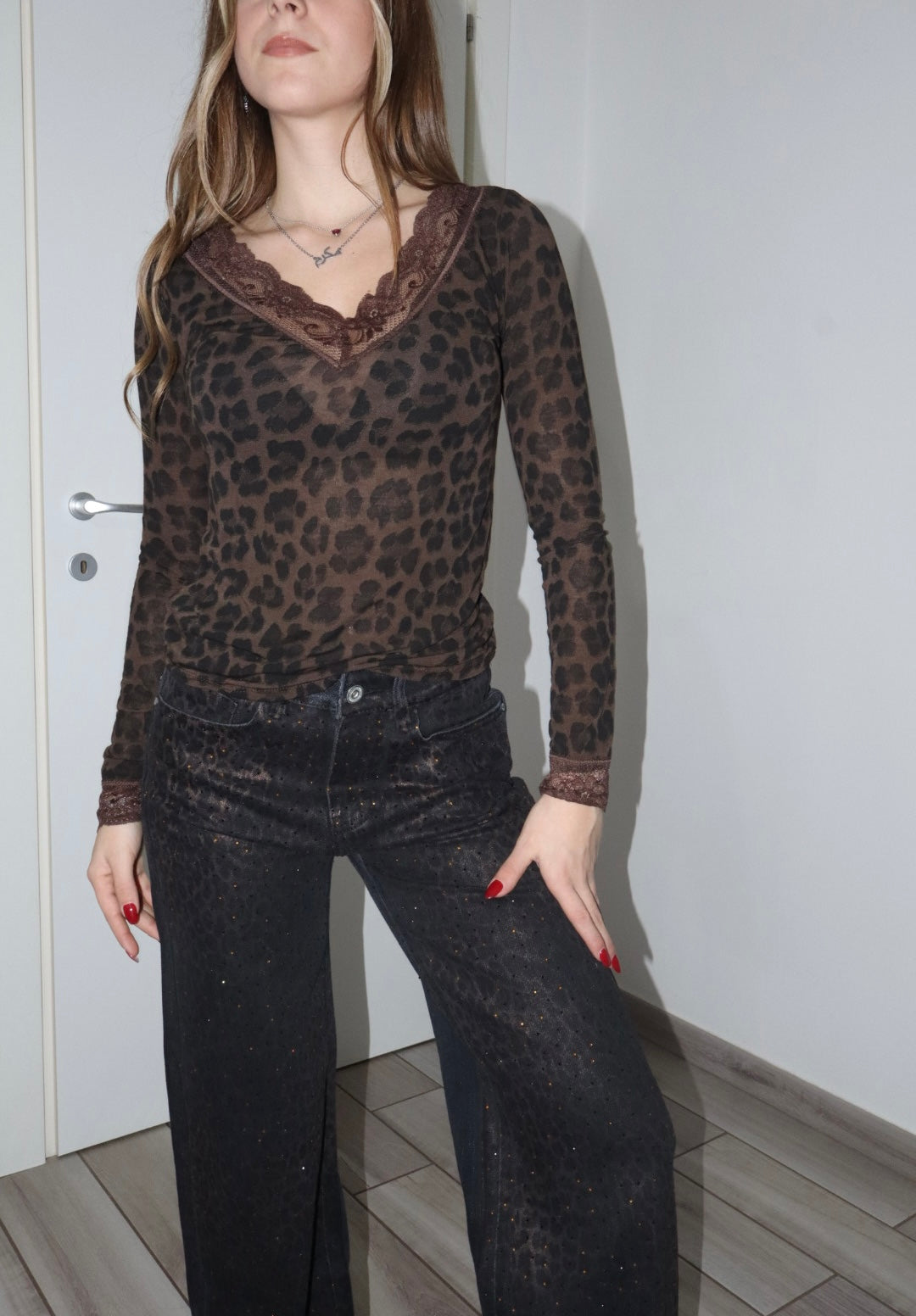 Jeans wide leg leopardato glitter (veste una tg.piu grande)