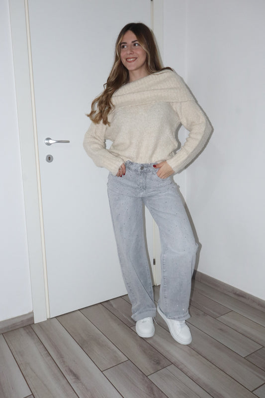 Jeans wide grigio brillantinato